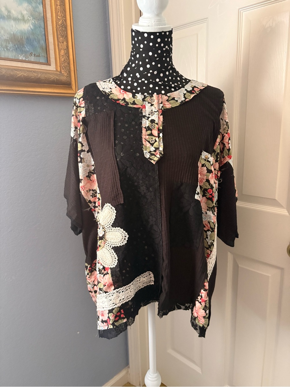 POL Black Floral Patchwork Tunic with Crochet Trim